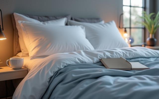 Comfortable, inviting bedroom setting with soft, layered bedding, dim natural light, and a book on the nightstand, promoting restful sleep.