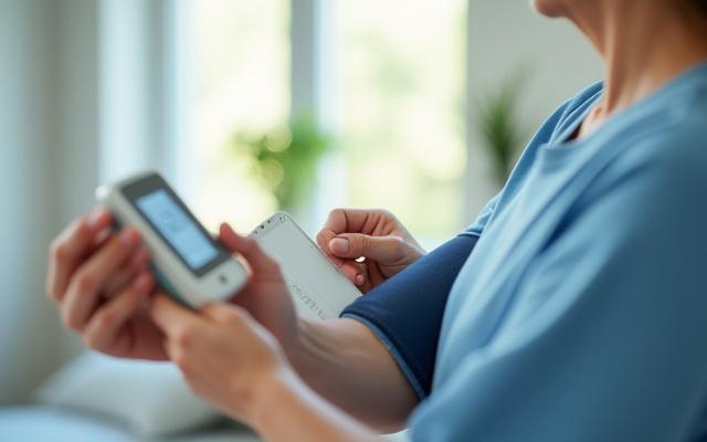An individual (50s) confidently using a modern, at-home blood pressure monitor, demonstrating proactive health management.