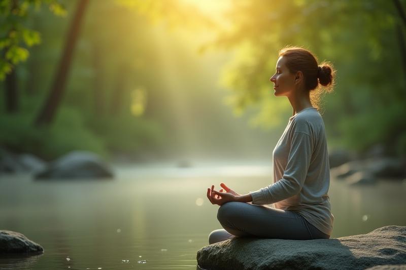 A serene woman meditating outdoors at dawn, embodying peace and stress resilience