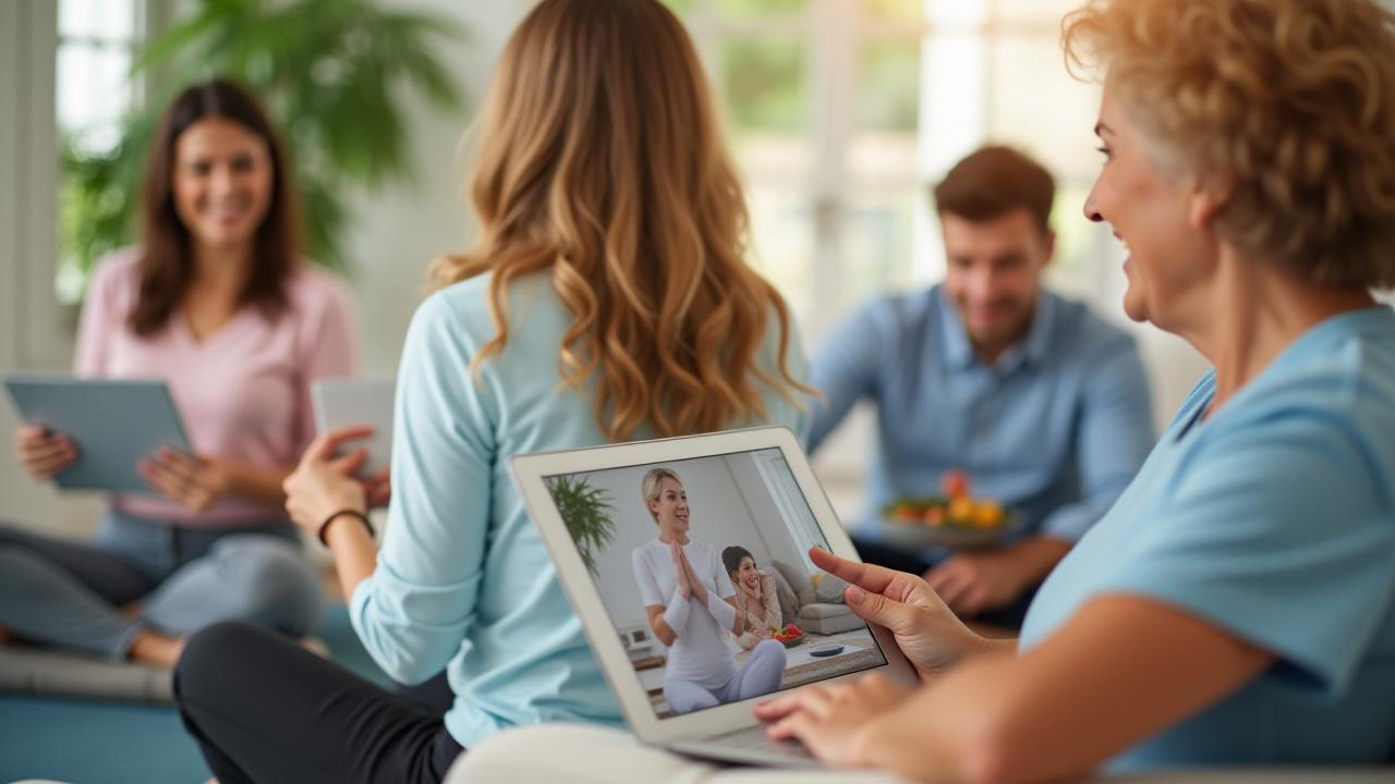 Diverse adults participating in various online wellness activities, static image for mobile