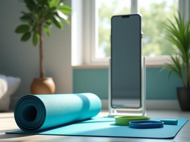 Yoga mat, resistance bands, and a smart exercise mirror in a bright home gym setup
